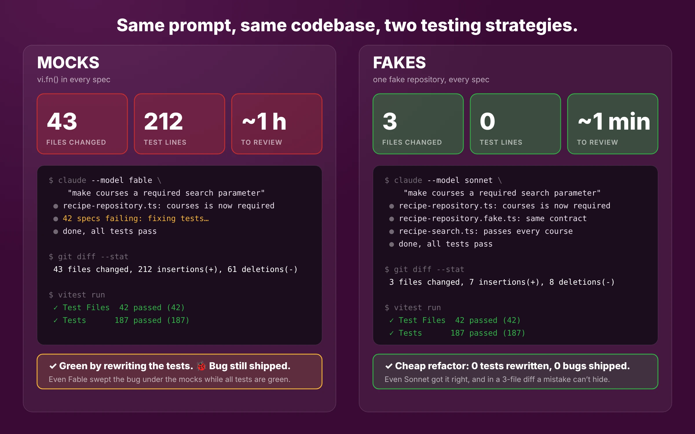 Side-by-side comparison. Mocks: 43 files changed, 212 test lines, about one hour to review, bug still shipped. Fakes: 3 files changed, 0 test lines rewritten, about one minute to review, no bug shipped.