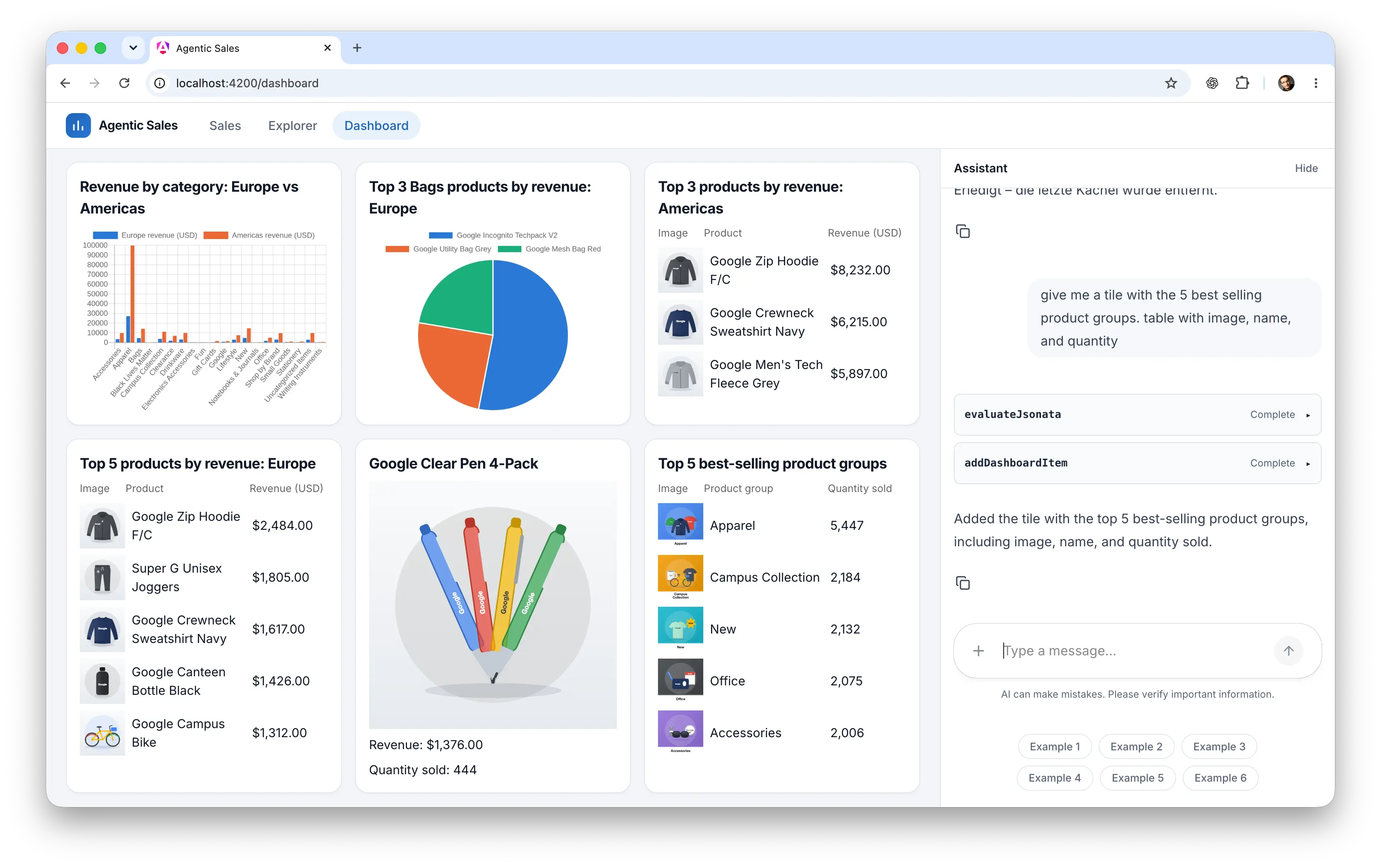 Agentic Sales dashboard with revenue charts, product tables and an AI assistant